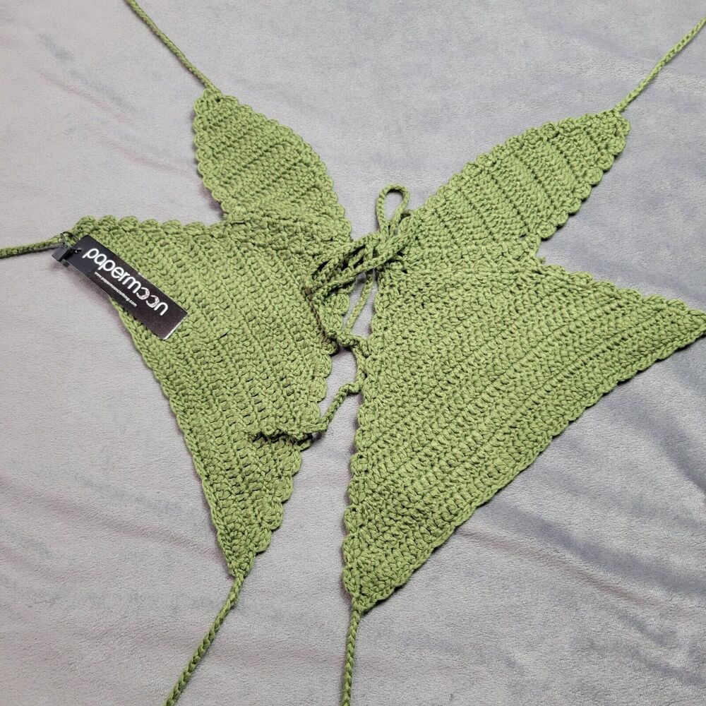 Papermoon Butterfly‎ Crochet Shirt Womens Large Olive Green Tie Hand Knited Tank